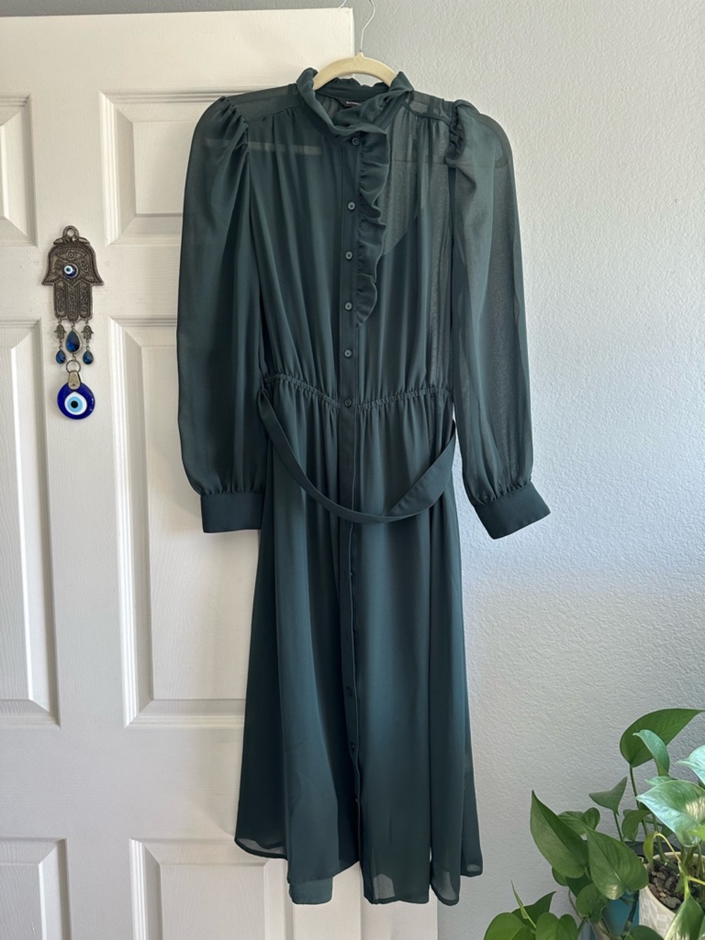 Banana Republic Factory Dark Teal Ruffle-Neck Button-Front Dress. NWT. Size XS